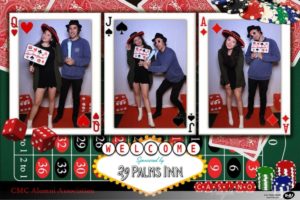 Invite flyer to Casino Night event with three photobooth photos in it.