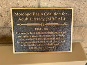 Commemorative plaque honoring the work of Morongo Basin Coalition for Adult Literacy (MBCAL).