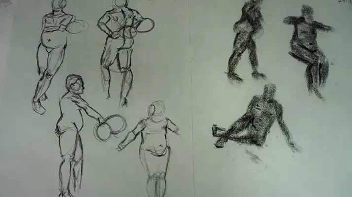 closeup of sketches - 4 of a person holding circular objects and 3 shaded images of the person walking and sitting