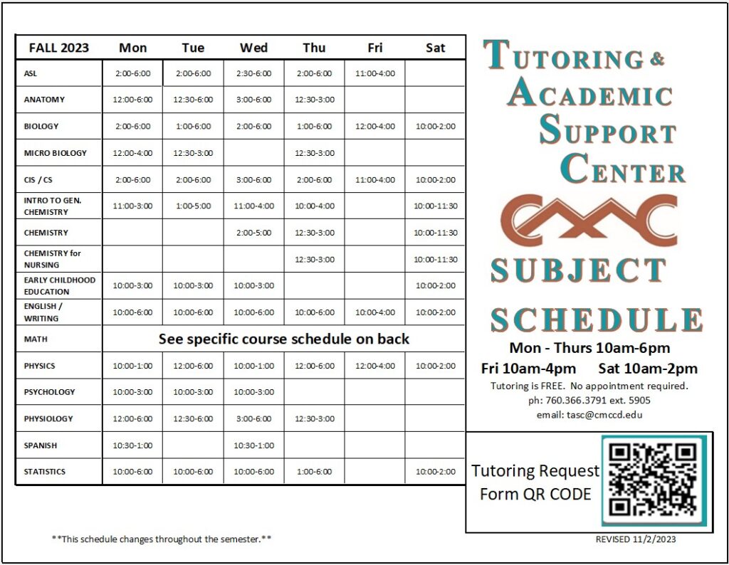 Fall 2023 Tutoring Schedule by Subject