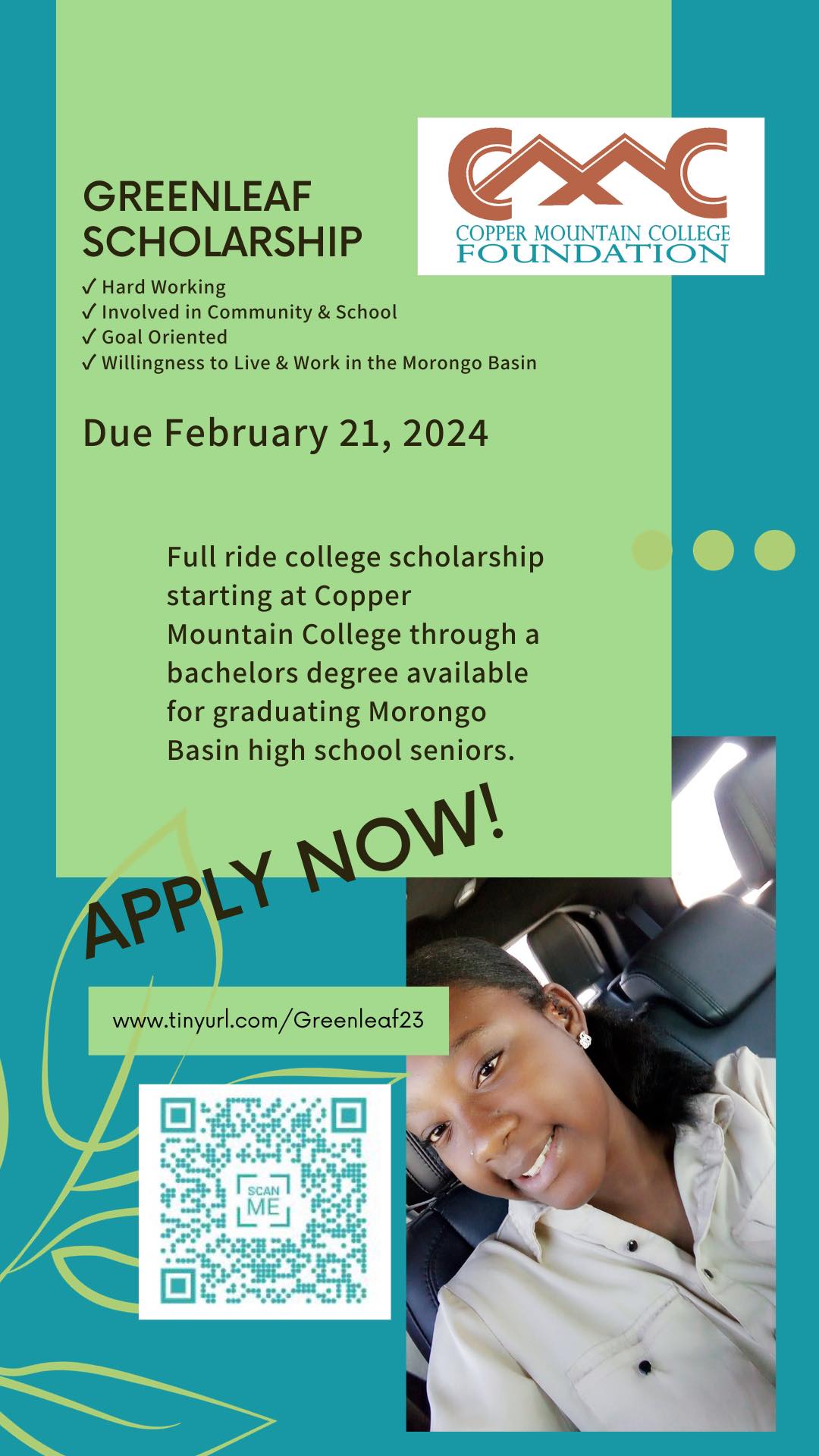 Apply for the Greenleaf "fullride" Scholarship Copper Mountain College