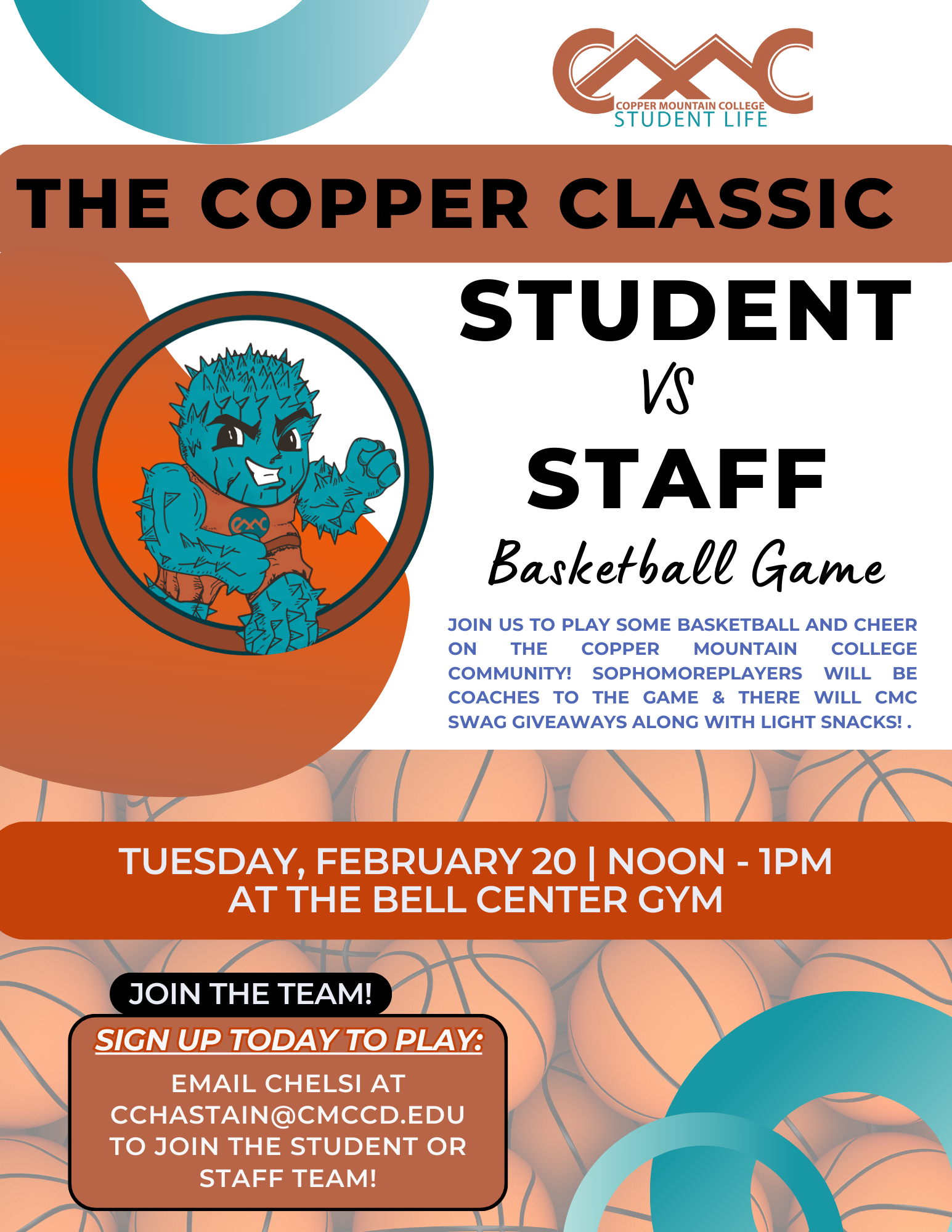 The Copper Classic, a student vs staff basketball game on February 20th, 2025 from noon to 1 pm in the Bell Center