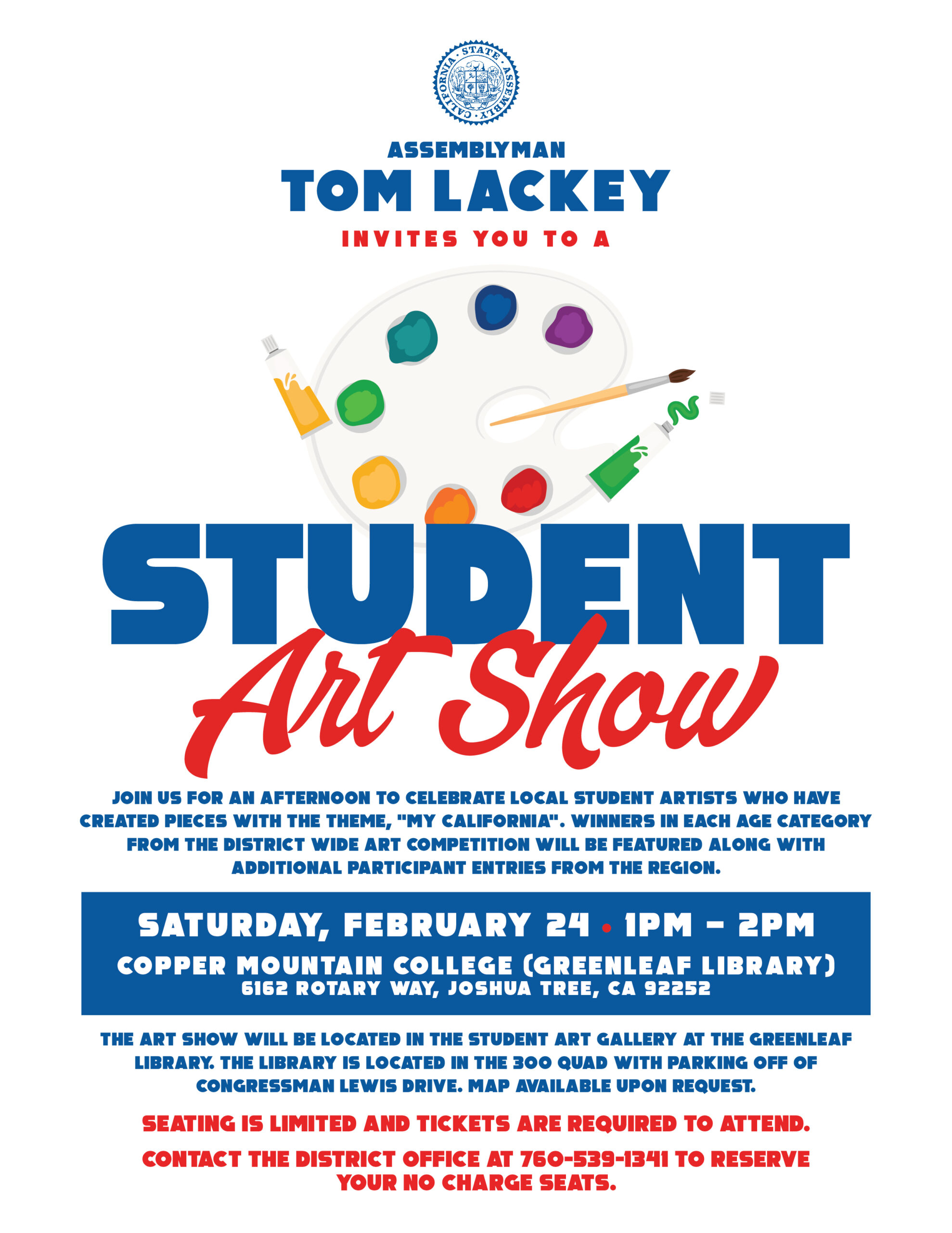 Assemblyman Tom Lackey's Student Art Show flyer for February 24, 2024.