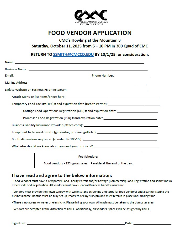 Food vendor application for  Howlin' at the Mountain 3.