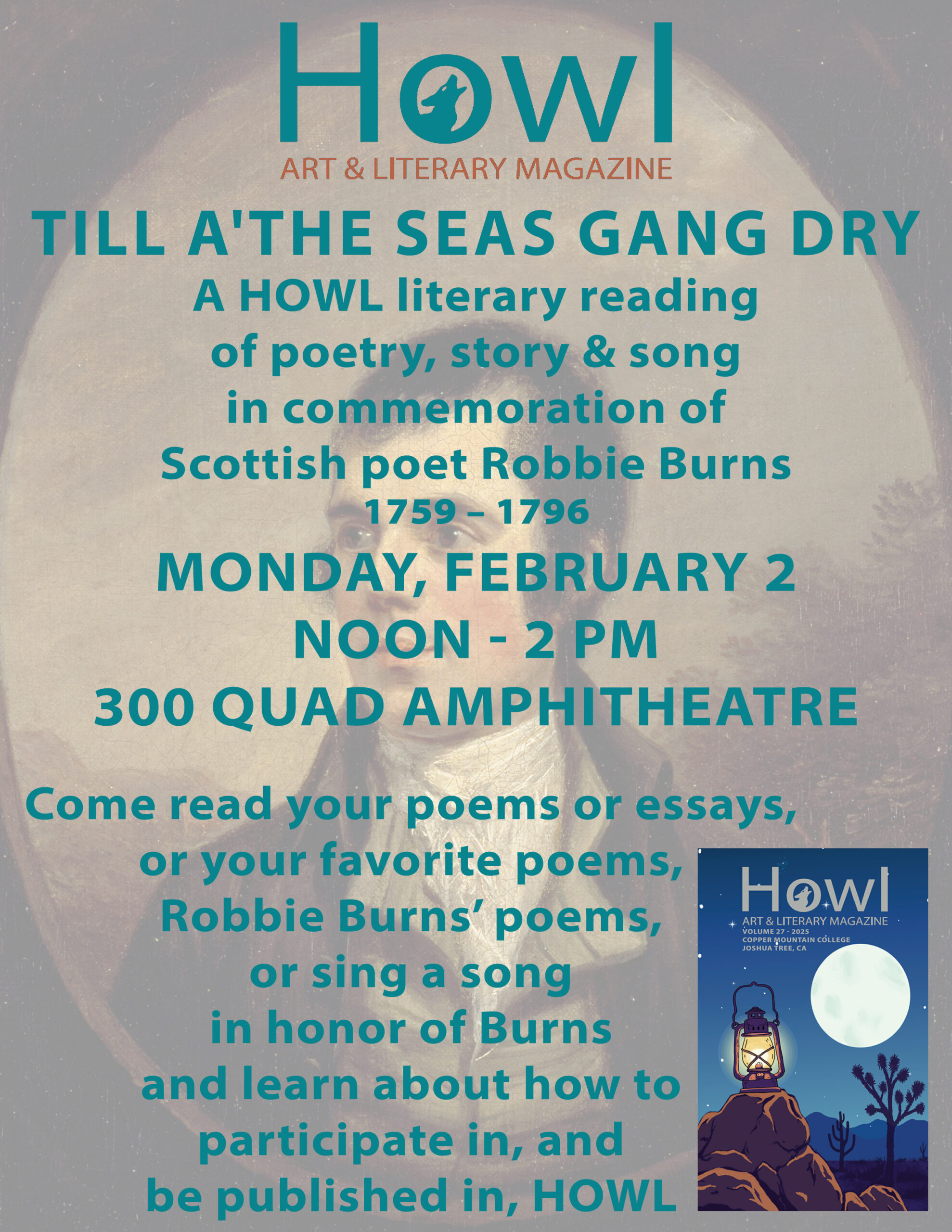 Flyer for Howl literary reading on February 2, 2026 at CMC
