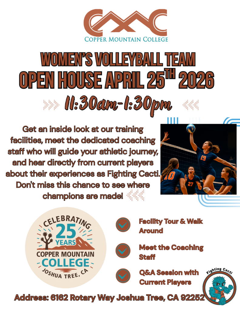 CMC Women's Volleyball Team Open House flyer for April 25, 2026, from 11:30 a.m. to 1:30 p.m. in the Bell Center on campus.