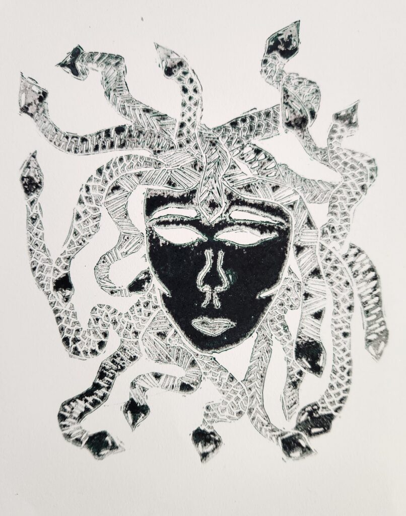 Jocelyne Adam, Medusa, linoleum block print, created in Introduction to Printmaking