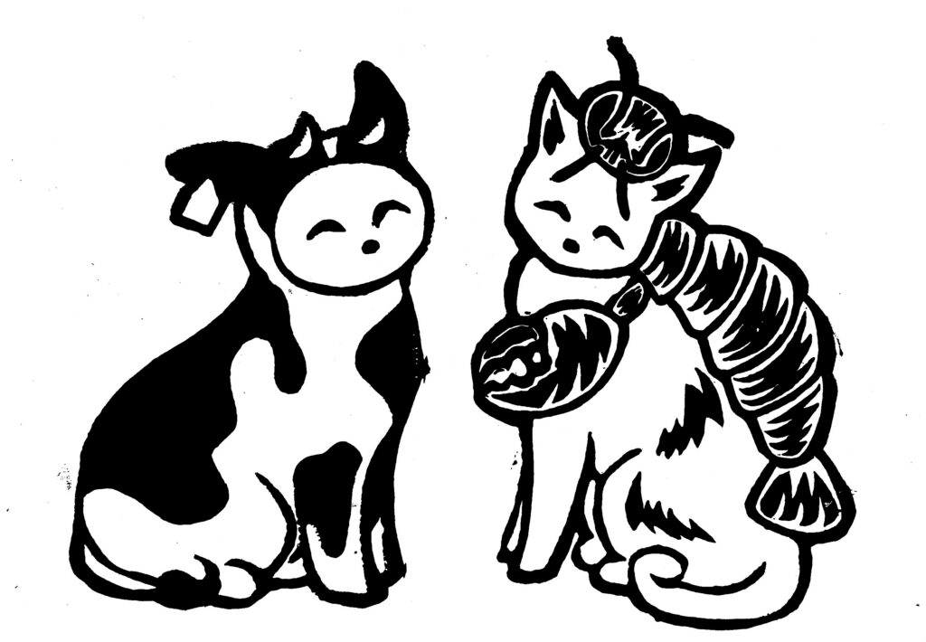 Kit Headlee, Cats in Costumed, linoleum block print, created in Introduction to Printmaking