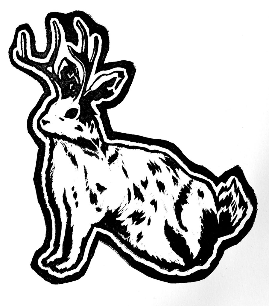 Skye Campbell, Jackalope, linoleum block print, created in Introduction to Printmaking