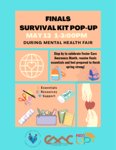 Colorful flyer titled “Finals Survival Kit Pop-Up” with date May 13 from 1–3 PM during the Mental Health Fair. Text encourages students to stop by to celebrate Foster Care Awareness Month, receive finals essentials, and prepare for the end of the semester. Visual icons include school supplies like scissors, pencils, notebooks, and a backpack. Key themes listed: essentials, resources, and support. Logos for Copper Mountain College programs appear at the bottom.