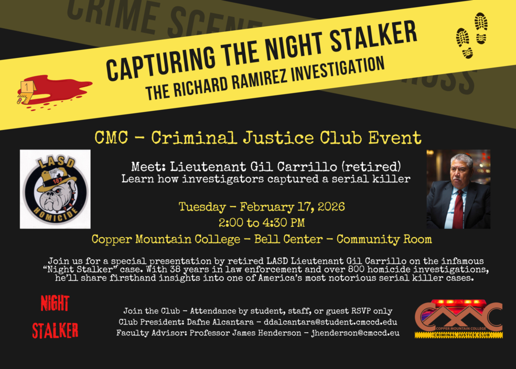 Flyer for Gil Carillo Night Stalker presentation at CMC