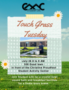 Flyer for Copper Mountain College Student Life promoting Touch Grass Tuesday. The design features a blue sky background, green grass along the bottom, white daisies, and a scrapbook-style paper background with the CMC Student Life logo at the top. A photo in the center shows students relaxing on blankets on the campus lawn while a facilitator leads a crystal bowl sound bath. Text reads: 