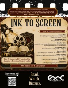 Vintage cinema-themed “Ink to Screen” series flyer in cream, black, burgundy, and gold with an old-Hollywood Art Deco design. An illustrated open book is surrounded by film reels, curling filmstrips, a theater spotlight, and a movie screen. The flyer lists the 2026–2027 selections: Scott Pilgrim Vol. 1: Precious Little Life by Bryan Lee O’Malley in August; The Odyssey by Homer in September; Aristotle and Dante Discover the Secrets of the Universe by Benjamin Alire Sáenz in October; Klara and the Sun by Kazuo Ishiguro in November; Sunrise on the Reaping by Suzanne Collins in January; Children of Blood and Bone by Tomi Adeyemi in February; The Magician’s Nephew by C.S. Lewis in March; and The Nightingale by Kristin Hannah in April. A QR code appears at the bottom with the words “Learn More” and “Read. Watch. Discuss.”