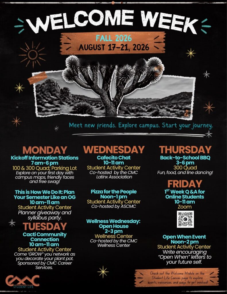 Welcome Week Fall 2026 graphic featuring a Joshua tree and desert landscape with illustrated cacti. Welcome Week is August 17–21, 2026. Text reads, “Meet new friends. Explore campus. Start your journey.” Copper Mountain College Student Life logo appears at the bottom.
