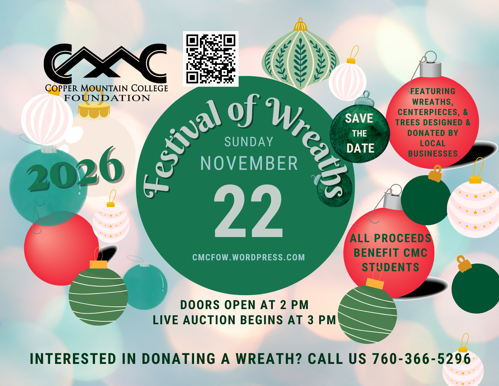 Flyer for Annual Festival of Wreaths fundraiser by Copper Mountain College Foundation on Sunday, November 22, 2026 in the Bell Center, 6162 Rotary Way, Joshua Tree. Tickets are $10 to the event.