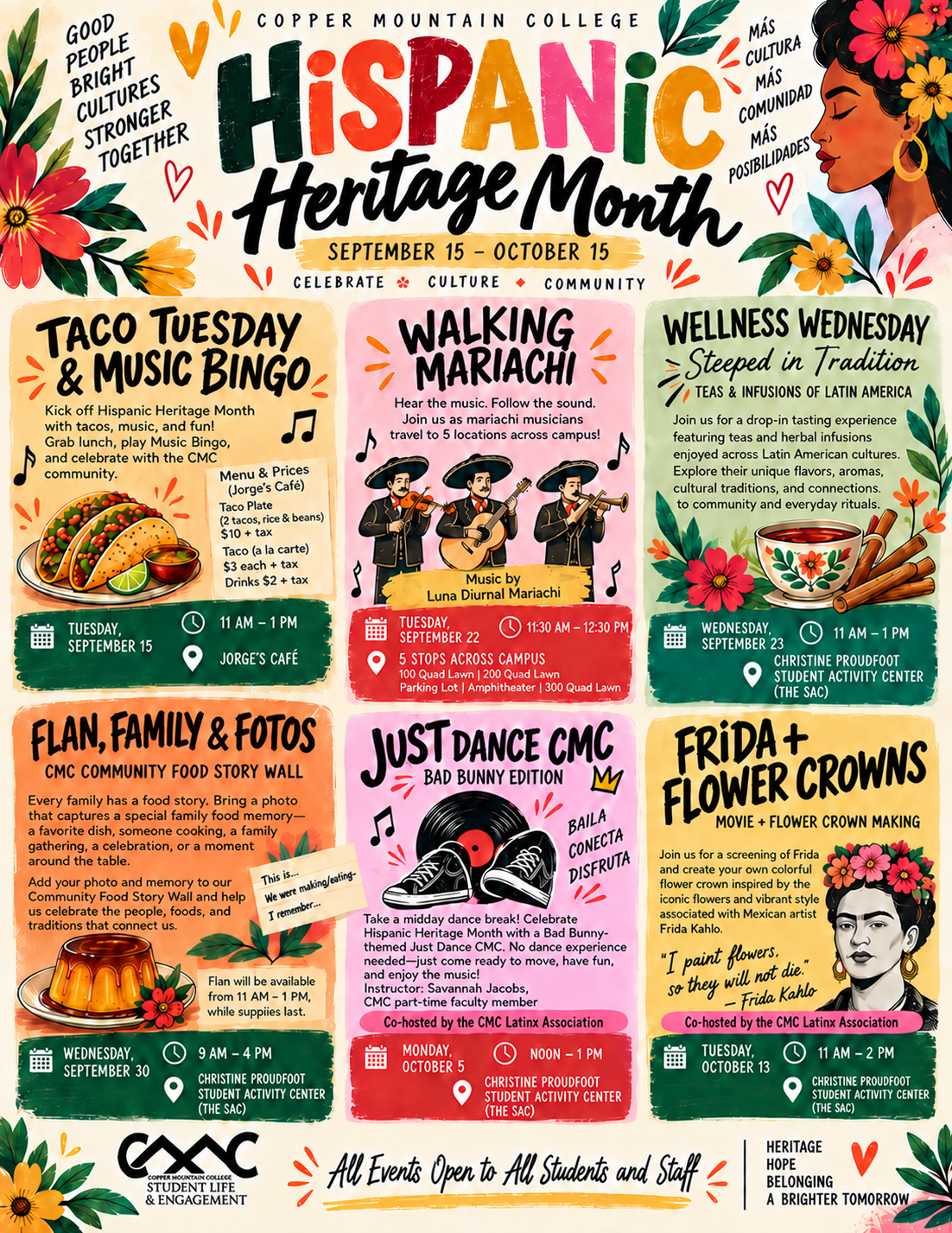 Colorful illustrated Hispanic Heritage Month poster for Copper Mountain College, celebrating September 15–October 15 with six events open to students and staff. Events include Taco Tuesday & Music Bingo on September 15; Walking Mariachi with Luna Diurnal Mariachi on September 22; Wellness Wednesday: Steeped in Tradition on September 23; Flan, Family & Fotos on September 30; Just Dance CMC: Bad Bunny Edition on October 5; and Frida + Flower Crowns on October 15. The poster features bright floral illustrations, mariachi musicians, tacos, tea, flan, dancing shoes, and an illustrated portrait of Frida Kahlo. Just Dance CMC and Frida + Flower Crowns are co-hosted by the CMC Latinx Association.