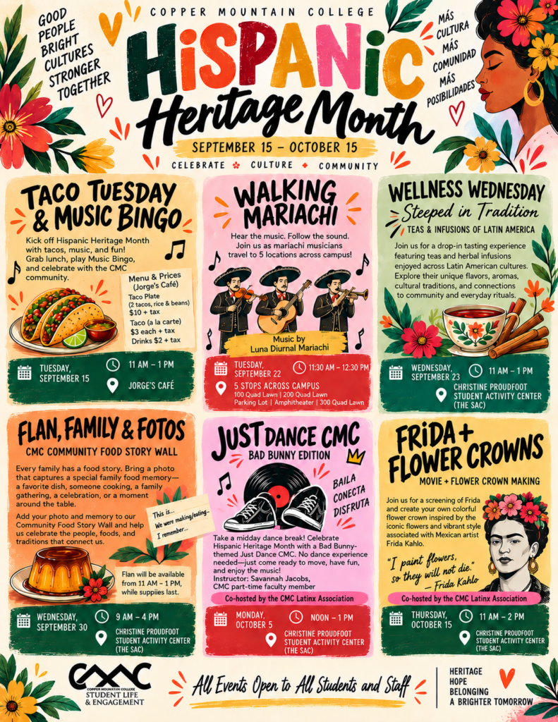 Colorful illustrated Hispanic Heritage Month poster for Copper Mountain College, celebrating September 15–October 15 with six events open to students and staff. Events include Taco Tuesday & Music Bingo on September 15; Walking Mariachi with Luna Diurnal Mariachi on September 22; Wellness Wednesday: Steeped in Tradition on September 23; Flan, Family & Fotos on September 30; Just Dance CMC: Bad Bunny Edition on October 5; and Frida + Flower Crowns on October 15. The poster features bright floral illustrations, mariachi musicians, tacos, tea, flan, dancing shoes, and an illustrated portrait of Frida Kahlo. Just Dance CMC and Frida + Flower Crowns are co-hosted by the CMC Latinx Association.