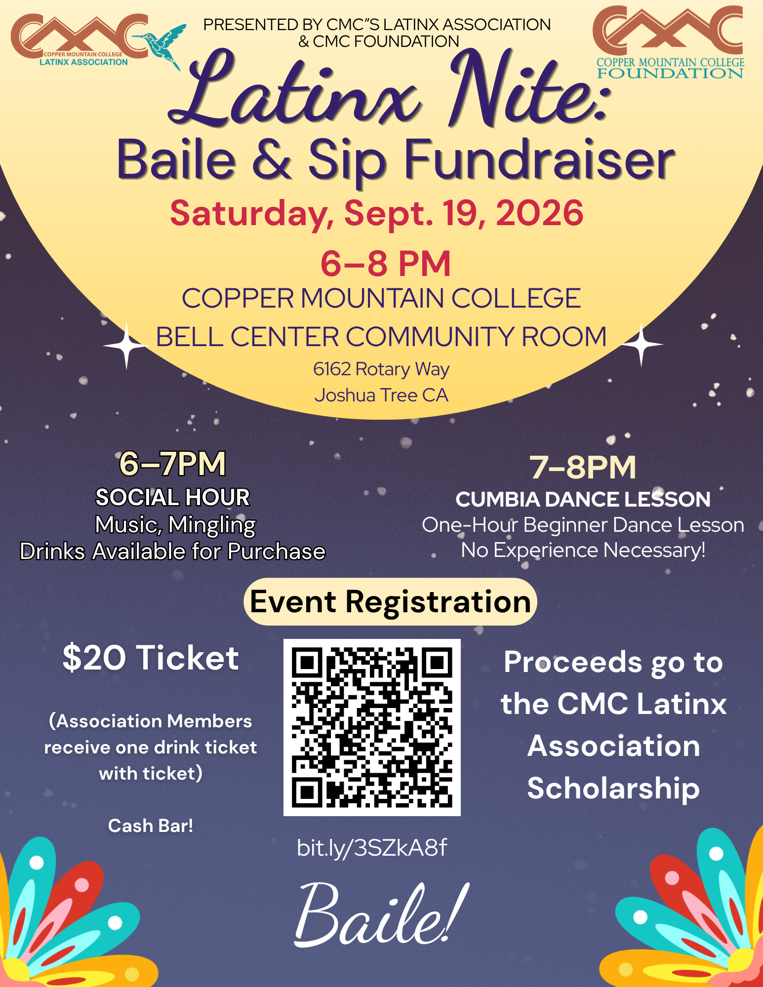 Flyer for Latinx Nite: Baile & Sip Fundraiser on September 19, 2026 from 6-8 pm in the Community Room of the Bell Center at Copper Mountain College, 6162 Rotary Way, Joshua Tree. Tickets are $20 each and include music, mingling and cumbia dance lesson. Cash bar.