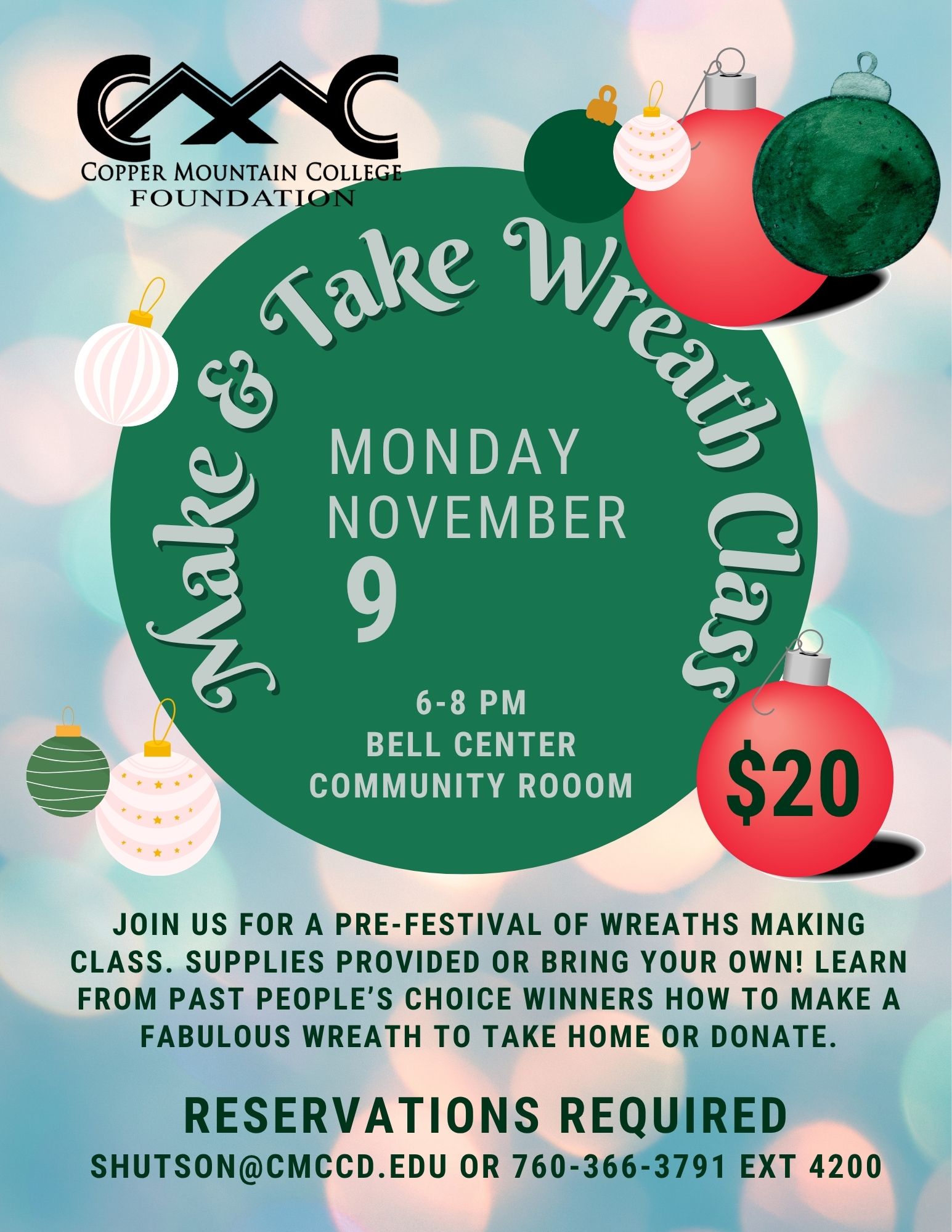 Flyer for November 9, 2026 make and take wreath class