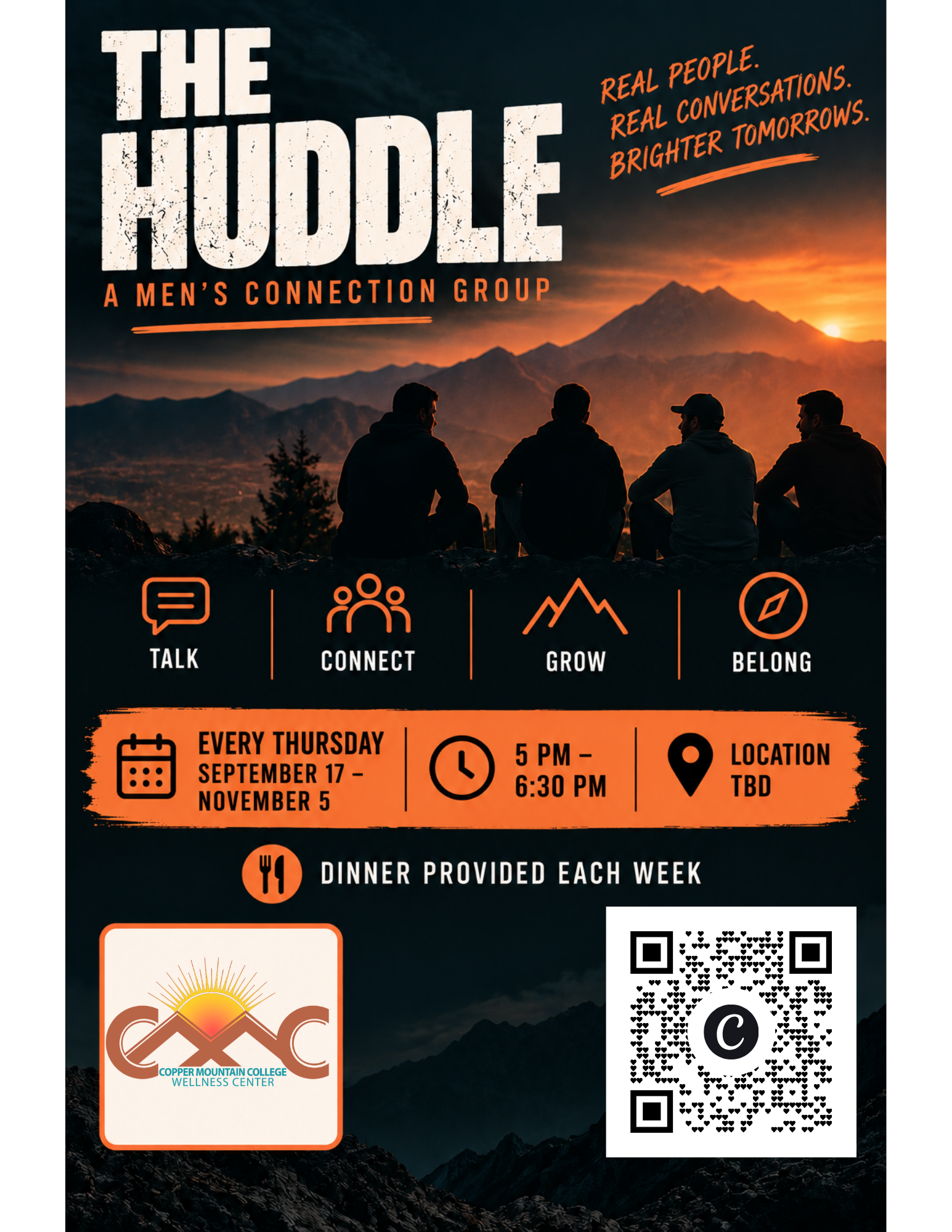 Flyer for The Huddle, an 8 week men's group at CMC in fall, 2026.