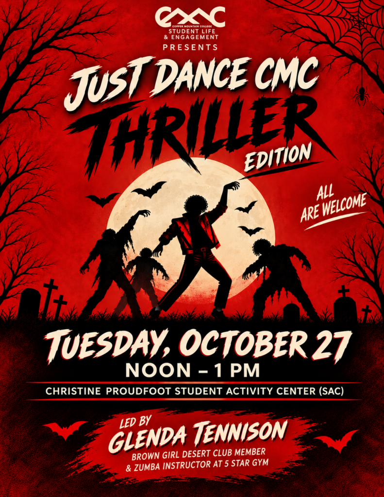 A Halloween-themed Copper Mountain College Student Life & Engagement flyer promoting “Just Dance CMC: Thriller Edition.” The design features a vivid red background with black silhouettes of spooky trees, bats, spiderwebs, and gravestones. In the center, a Michael Jackson-inspired dancer wearing a red jacket strikes a Thriller dance pose in front of a large glowing full moon, surrounded by zombie dancers. Bold white and black lettering announces the event, which takes place Tuesday, October 27, from noon–1 PM in the Christine Proudfoot Student Activity Center (SAC). The dance session will be led by Glenda Tennison, a Brown Girl Desert Club member and Zumba instructor at 5 Star Gym. The flyer includes the message “All Are Welcome.”