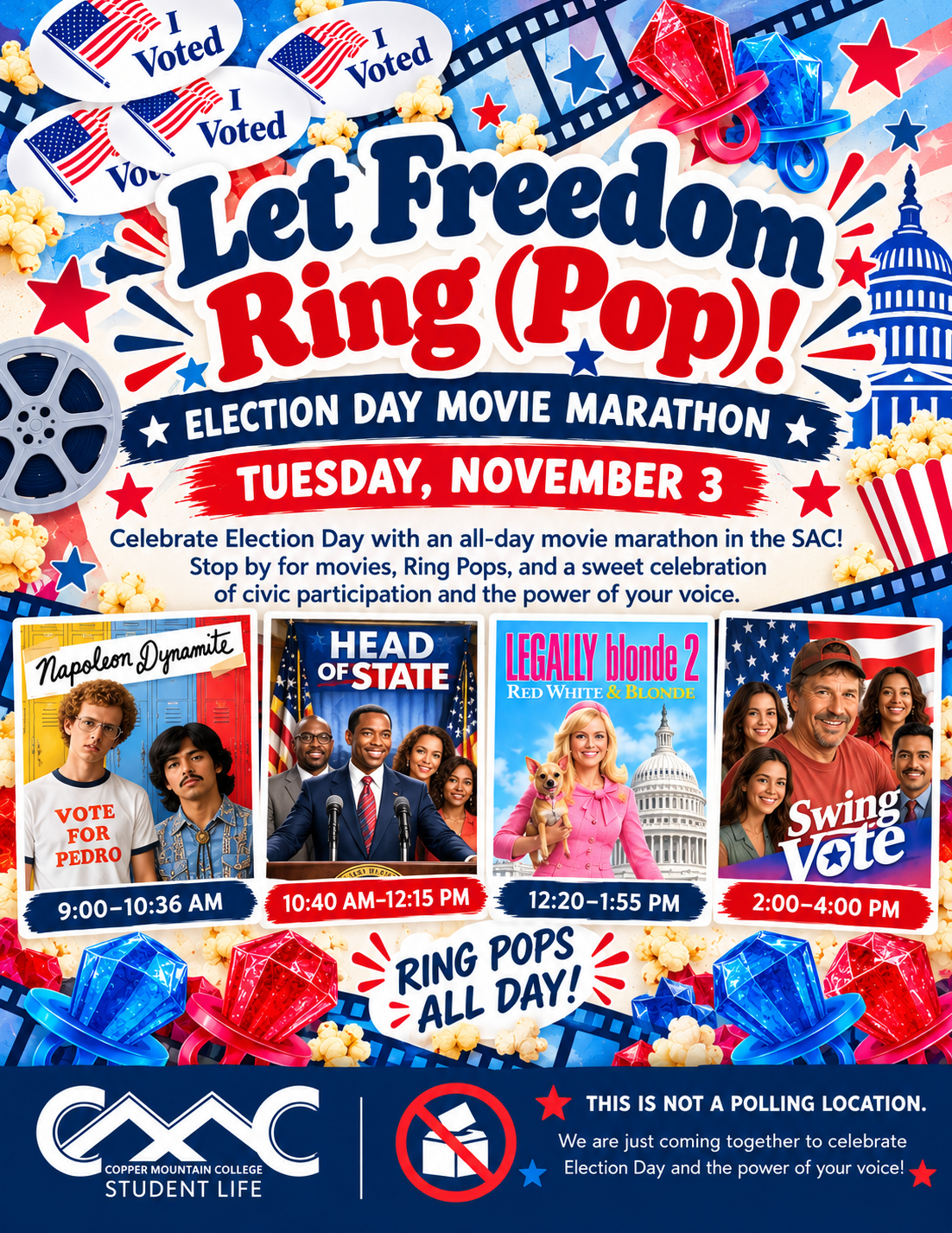 A colorful red, white, and blue Copper Mountain College Student Life flyer promoting “Let Freedom Ring (Pop)! Election Day Movie Marathon.” The patriotic, movie-themed design features American flags, “I Voted” stickers, stars, film reels, popcorn, colorful Ring Pops, and an illustration of the U.S. Capitol. The flyer invites students to celebrate Election Day with an all-day movie marathon on Tuesday, November 3, from 9 AM–4 PM in the Student Activity Center (SAC). The movie lineup includes Napoleon Dynamite from 9–10:36 AM, Head of State from 10:40 AM–12:15 PM, Legally Blonde 2: Red, White & Blonde from 12:20–1:55 PM, and Swing Vote from 2–4 PM. Illustrated movie posters accompany each film's title and screening time. The flyer announces “Ring Pops All Day!” At the bottom, the Copper Mountain College Student Life logo appears beside a crossed-out ballot box graphic and the message “This Is Not a Polling Location.” The flyer concludes with the statement, “We are just coming together to celebrate Election Day and the power of your voice!”